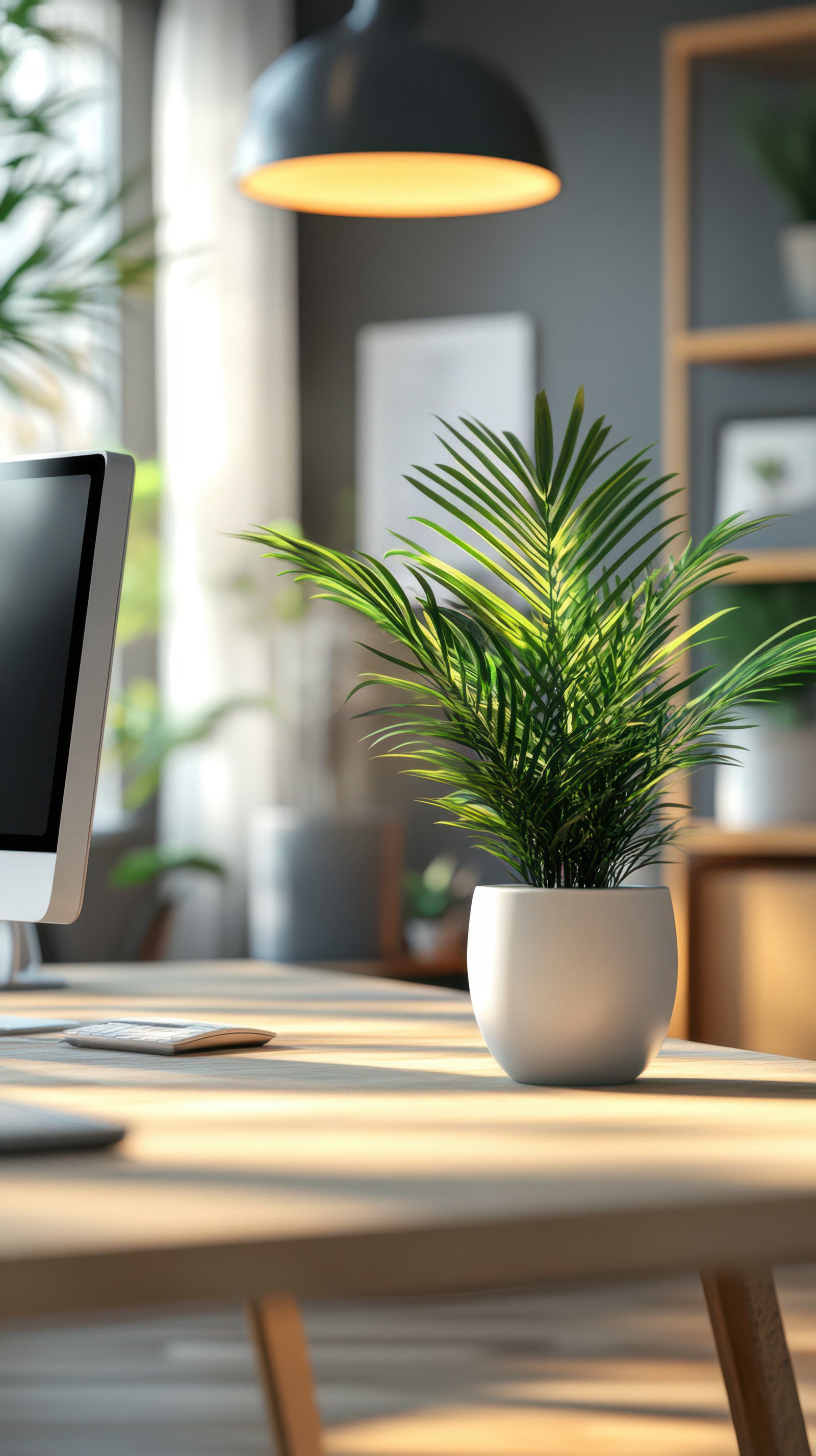 Modern home office with greenery and warm lighting creates a calm and productive atmosphere for work tasks
